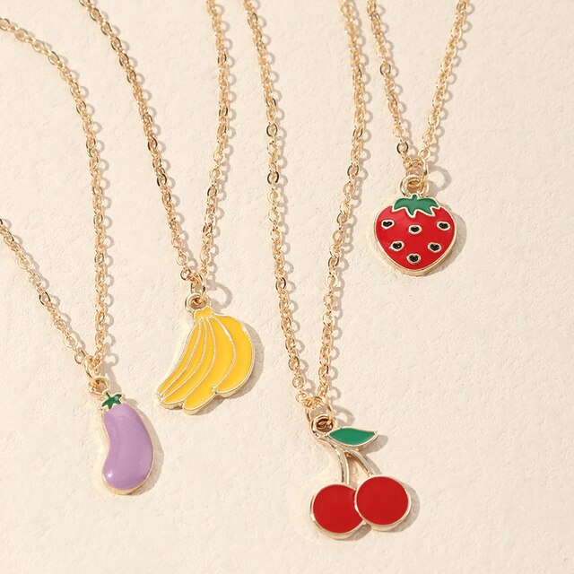 4pcs Cute Fruit Pendant Necklace for Women Fashion Enamel Golden Chain Eggplant Banana Strawberry Cherry Choker Girl Fine Bijoux