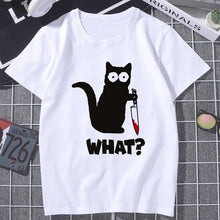 Black Cat WHAT Printed T-shirt Women Murderous Cat Knife Funny T Shirt Summer Harajuku Short Sleeve Large size Top Tshirt Female
