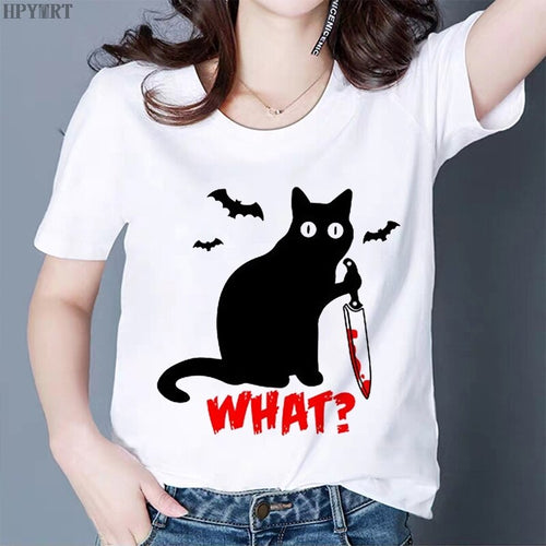 Black Cat WHAT Printed T-shirt Women Murderous Cat Knife Funny T Shirt Summer Harajuku Short Sleeve Large size Top Tshirt Female