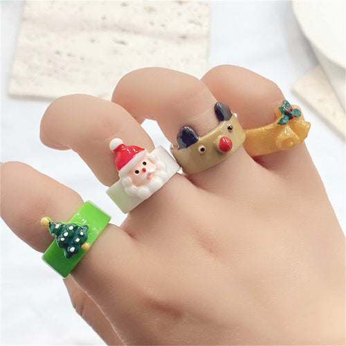 Cute Funny Cartoon Christmas Rings For Women Children Elk Santa Animal Finger Ring Aesthetic Jewelry Friendship Gifts New Year