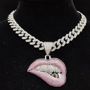 Men Women Hip Hop Bite Lip Shape Pendant Necklace with 13mm Crystal Cuban Chain Iced Out Bling HipHop Necklaces Fashion Jewelry